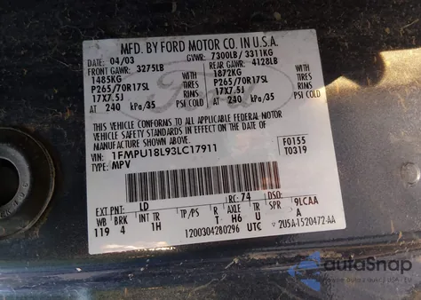 2003 Ford Expedition Eddie Bauer z USA, uszkodzony, nr VIN 1FMPU18L93LC17911